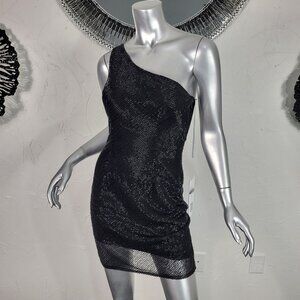 NWT~$680~JOVANI~SZ 2~BLACK BEADED EMBELLISHED ONE SHOULDER COCKTAIL MINI DRESS